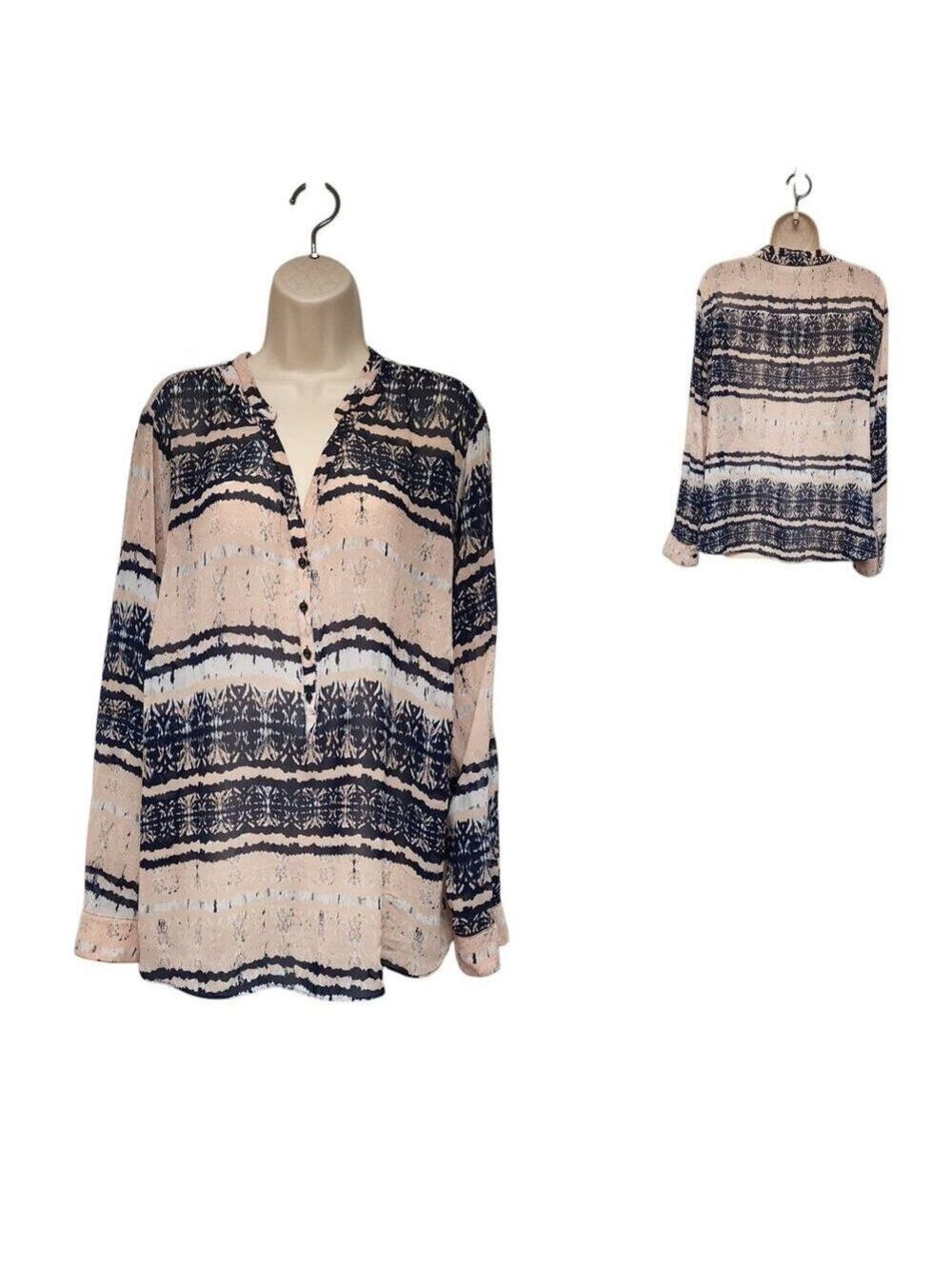 a.n.a Pink & Blue Striped V-Neck Sheer Long Sleeve Roll-Tab Blouse Size 3XL